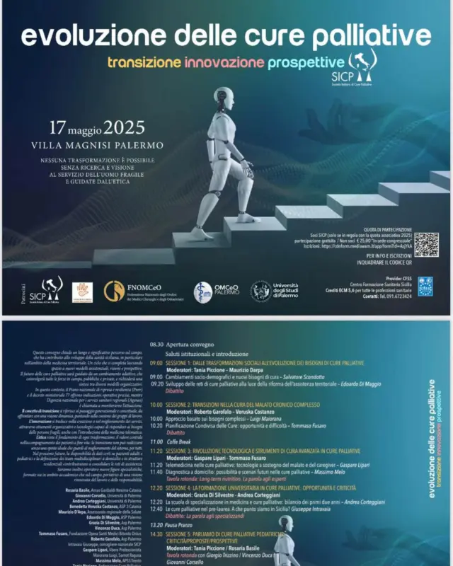 Ieri si é tenuto a Palermo, il Convegno della Società Italiana di Cure Palliative Sicilia dal Titolo: "L'evoluzione delle cure Palliative: Transizione, Innovazione e Prospettive" al termine del quale é stato eletto il nuovo Consiglio Direttivo SICP della Sicilia che sarà Coordinato 
per il prossimo quadriennio dal Dott Roberto Garofalo. Congratulazioni e buon lavoro anche ai 10 consiglieri eletti tra cui Petronaci Antonino (Infermiere Case Manager Sla Samot) e Bellavia Giuseppe Massimo (Medico Palliativista Samot).
