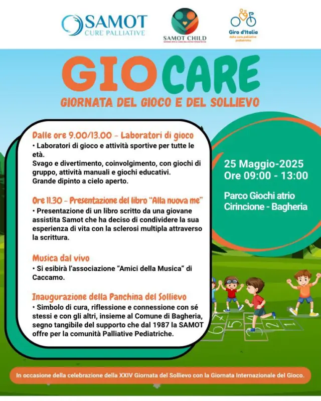 🎉 Domenica 25 maggio a Bagheria – “GioCare”
In occasione della XXIV Giornata del Sollievo e della Giornata Internazionale del Gioco, ti aspettiamo al Parco giochi Atrio Cirincione, dalle 9.00 alle 13.00, per una mattinata di attività dedicate allo sport, alla creatività e alla condivisione! 

🎨 ⛹️Laboratori di gioco e attività sportive per tutte le età
🖌️ 50 metri di tela per un'opera collettiva lungo il perimetro dell'atrio Cirrincione
📖 Presentazione del libro “Alla nuova me” – la testimonianza coraggiosa di una giovane assistita SAMOT
🎶 Musica dal vivo con gli “Amici della Musica” di Caccamo
🪑 Inaugurazione della Panchina del Sollievo, simbolo di cura e comunità

Un evento per riflettere, giocare e costruire insieme uno spazio di benessere e solidarietà.
👉 Non mancare!

#GioCare#GiornataDelSollievo #SamotBagheria #Gioco #Benessere #Comunità #Solidarietà #Bagheria